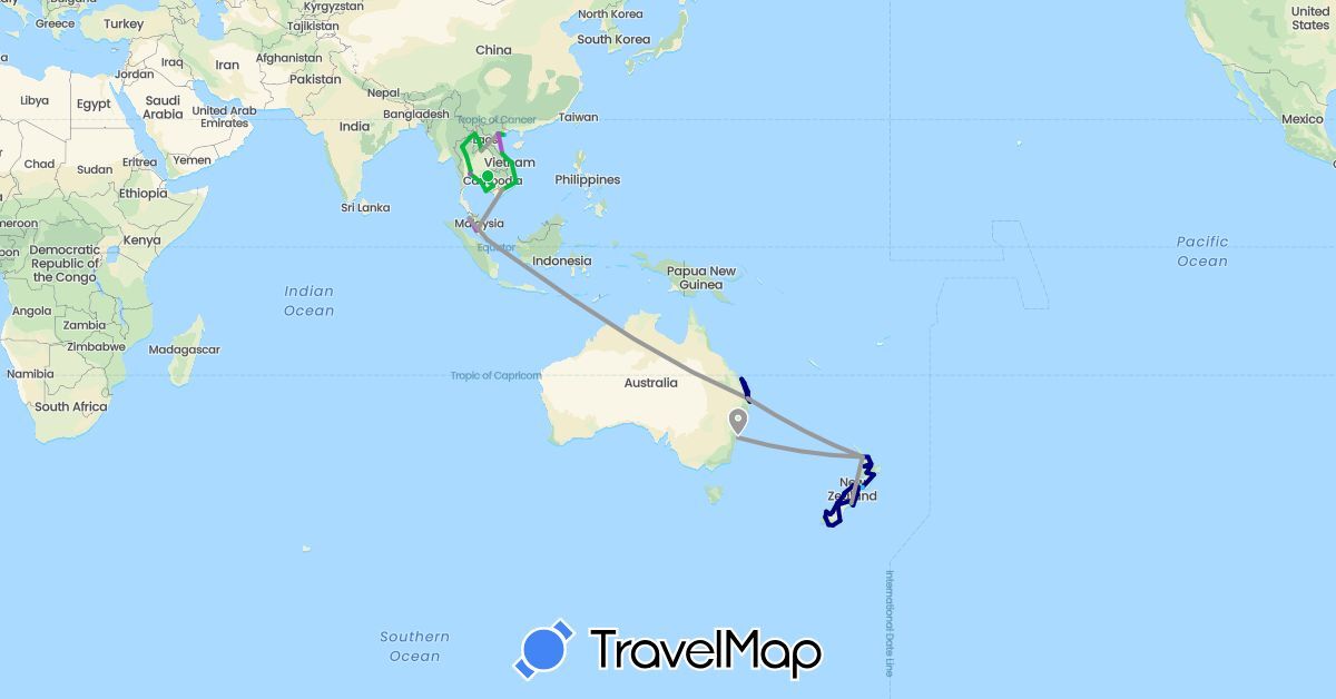 TravelMap itinerary: driving, bus, plane, train, boat in Australia, Cambodia, Laos, Malaysia, New Zealand, Singapore, Thailand, Vietnam (Asia, Oceania)